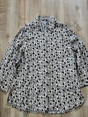 Harvé Benard Woman 3X Linen Blend Polka Dot Button Front Blouse Beige Black Over